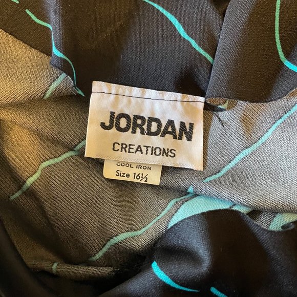 80s Vintage Black Midi Sheath Dress with Blue Green Leaves and Cropped Sleeves - Picture 6 of 7